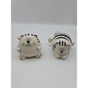 Pier 1 Cats Salt & Pepper Shakers Funny Fat Feline Black White Striped Set Of 2